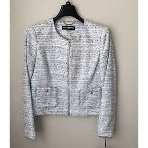Karl Lagerfeld Paris Woman's Tweed Fringe Suit Jacket Blazer In Blue Size 10